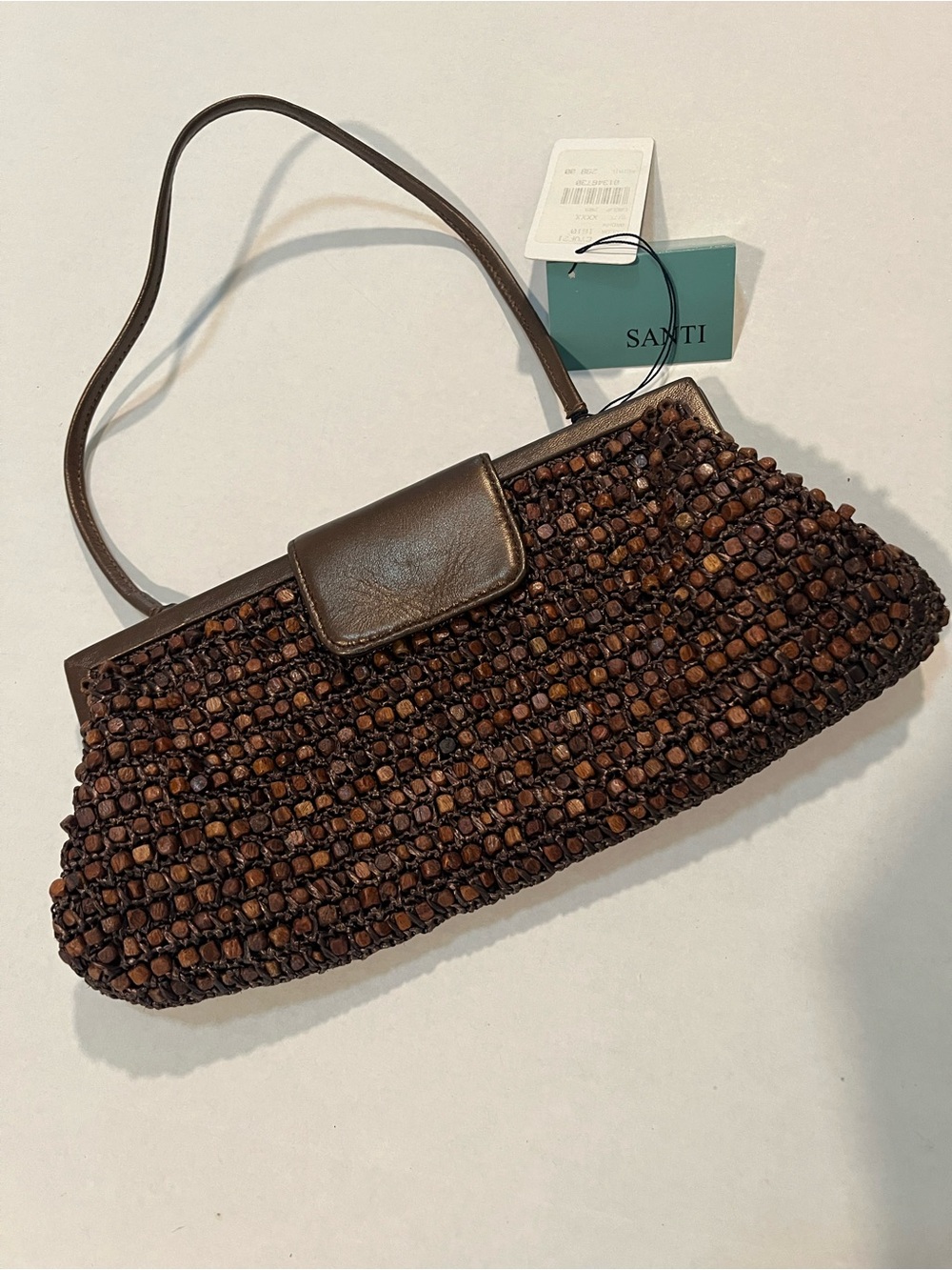 Santi NWT Brown Woven Bead Shoulder Bag With Leather